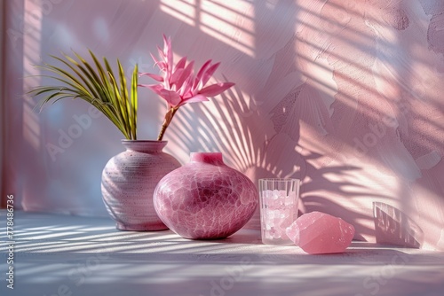 Pink Vase With Plant Among Other Vases