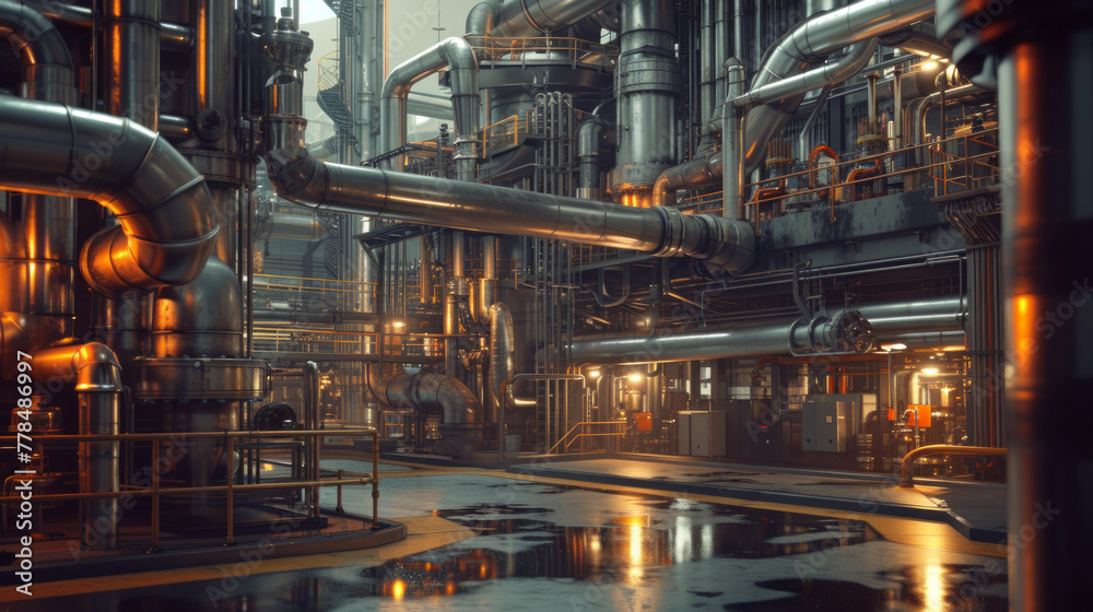 A chemical refinery with intricate piping systems, temporarily inactive but capable of producing various compounds A chemical refinery with intricate piping systems, temporarily inactive but capable of producing various compounds