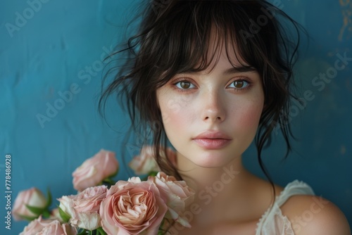 Woman Holding a Bouquet of Red Roses