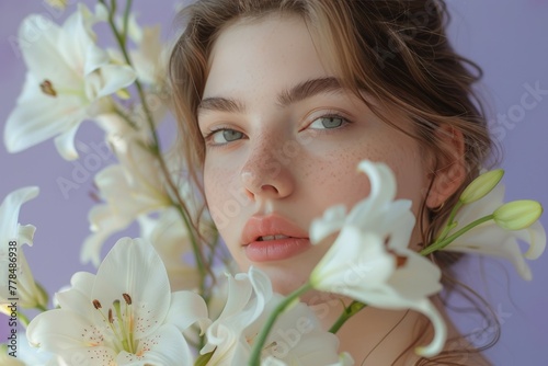 Woman Holding a Bunch of White Flowers