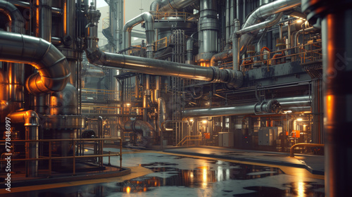 A chemical refinery with intricate piping systems, temporarily inactive but capable of producing various compounds photo