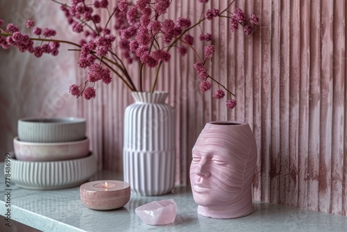 Pink Vase With Plant Among Other Vases