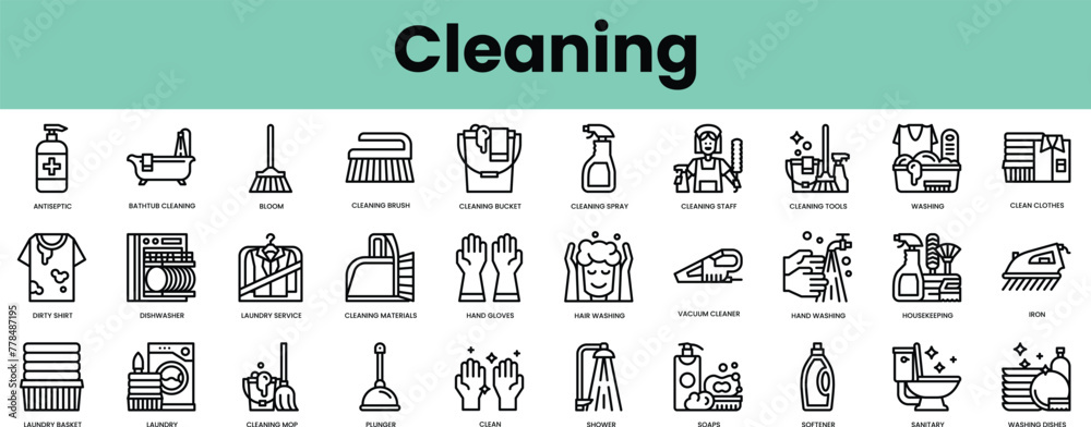 Set of cleaning icons. Linear style icon bundle. Vector Illustration