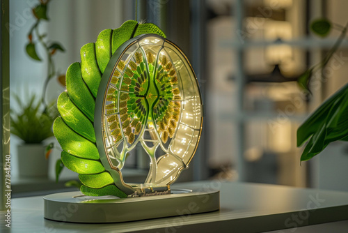 A realistic photo of a chloroplast model, detailing the thylakoid stacks and stroma, set in an educational setting with a light source emphasizing its photosynthetic role. photo