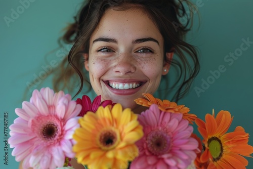 Woman Holding Bunch of Flowers in Front of Her Face