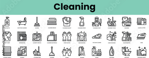 Set of cleaning icons. Linear style icon bundle. Vector Illustration