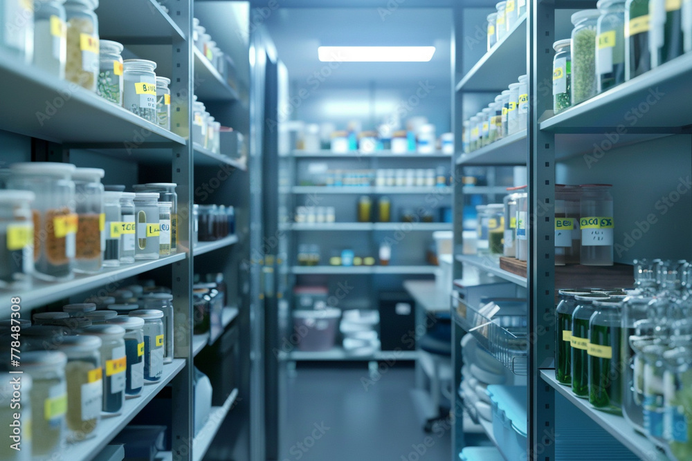 A realistic view inside a cold storage room in a microbiology lab, showcasing shelves stocked with carefully labeled microbial culture samples.