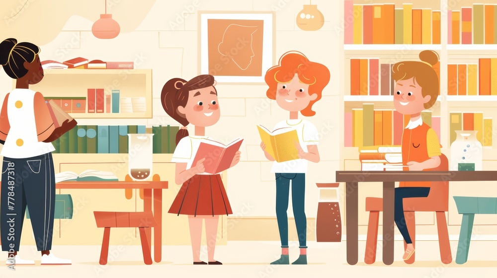 Students studying and sharing knowledge in a bright classroom environment. Educational illustration for children's books and learning resources on cooperation and school life