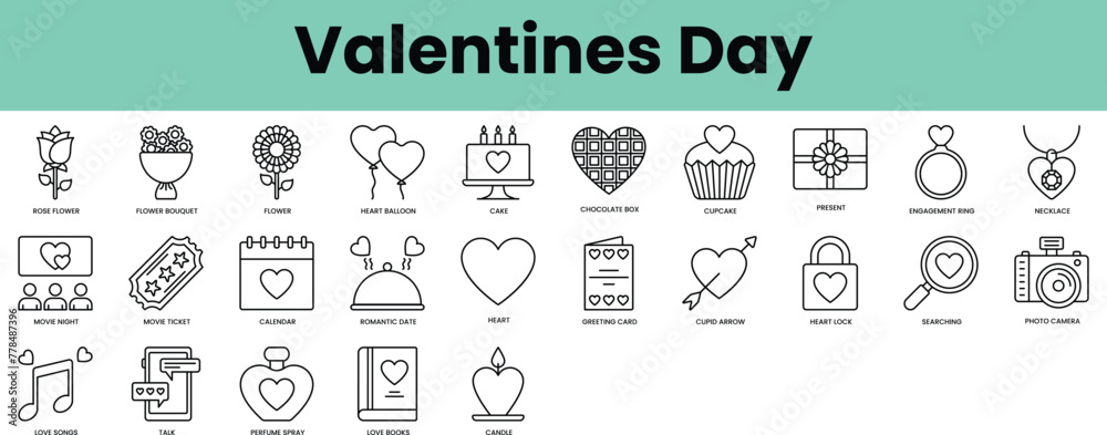 Set of valentines day icons. Linear style icon bundle. Vector Illustration
