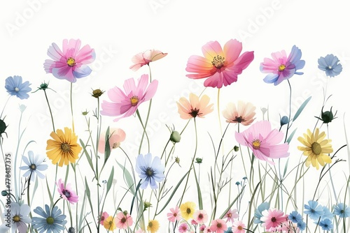 Wild flowers blooming in a lush meadow, isolated on white, vibrant colors and delicate petals, floral illustration © Lucija