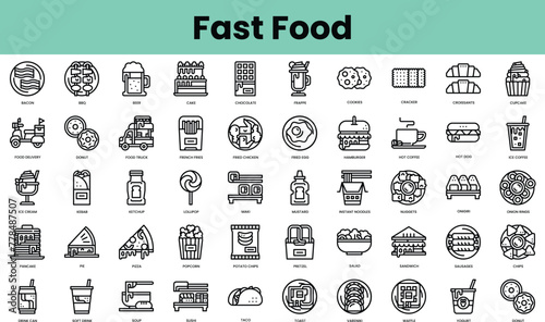 Set of fast food icons. Linear style icon bundle. Vector Illustration