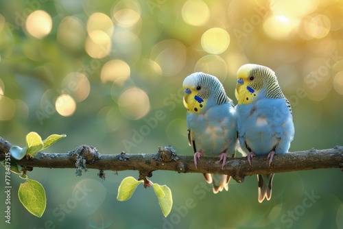 Two Parakeets Perched on a Branch in a Tree