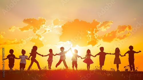 Children holding hands against a sunset, forming a bond across the world. Evocative of peace, friendship, and global harmony