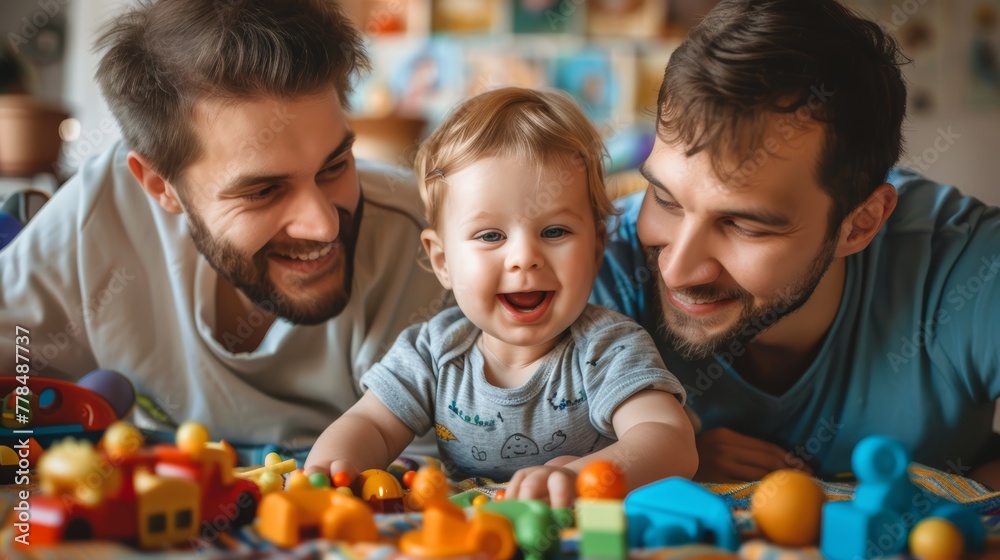 Two fathers and a toddler enjoying playtime with toys. Family diversity and modern parenting concept. Design for social inclusion campaigns, parenting guides, and family resources