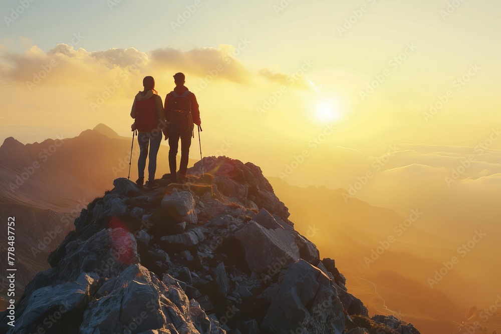 Couple hiking on a mountain summit at sunset, enjoying success and breathtaking view, adventure landscape