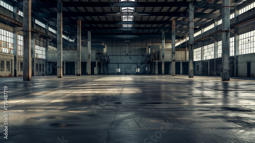 A large empty warehouse with tall windows lining the upper walls. Sunlight streams through the windows. Concrete floor.