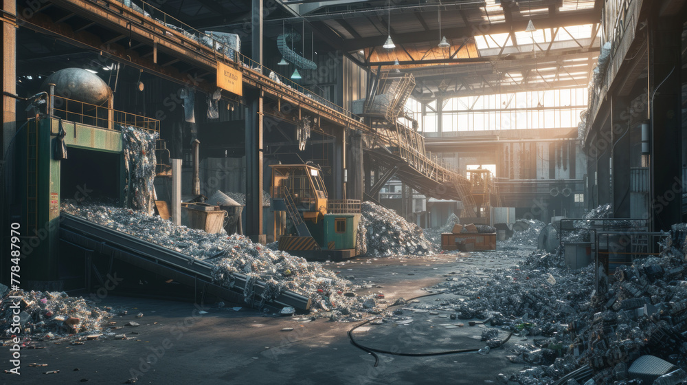 A recycling plant with conveyor belts and sorting machines, momentarily still but ready to process recyclable materials A recycling plant with conveyor belts and sorting machines, momentarily still but ready to process recyclable materials