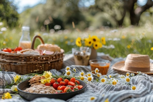 A Picnic With Food and Flowers on a Blanket