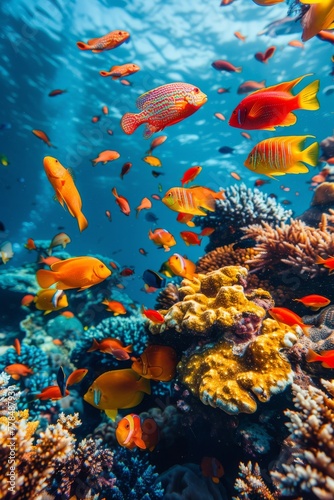 School of Fish Swimming Over Coral Reef © olegganko