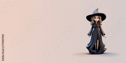 3D witch, sorceress in stylish black clothes and hat with magic wand in hand. Character for children, celebrations, product branding. Vector