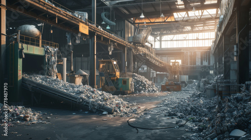 A recycling plant with conveyor belts and sorting machines, momentarily still but ready to process recyclable materials
