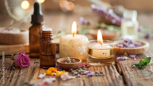 Aromatherapy set with essential oils, candles, and dried flowers. Spa and relaxation concept. Warm intimate lighting for cozy atmosphere