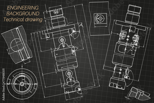 Mechanical engineering drawings on black background. Tap tools, borer. Technical Design. Cover. Blueprint. Vector illustration.