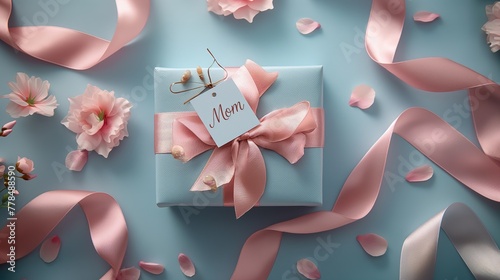 A tastefully wrapped Mother's Day present adorned with a satin ribbon and a tag for mom, surrounded by delicate flowers and petals