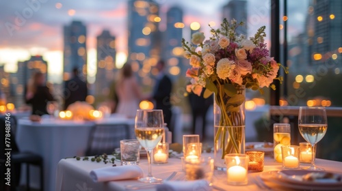 A romantic outdoor roof top dining setting as the sun sets, with guests enjoying the ambiance of warm candlelight and city views. Birthday, corporate party celebration.