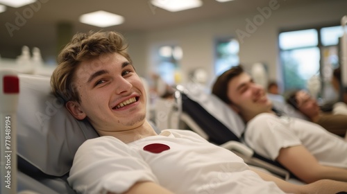 Young man smiling while donating blood in hospital. Studio lifestyle portrait. Healthcare and medical concept. Design for banner, poster