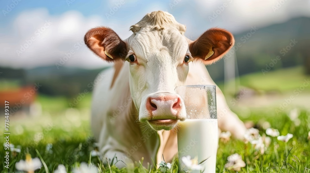 White cow lying on grass with a glass of milk. Dairy farm freshness and natural food concept. Rural landscape with clear sky