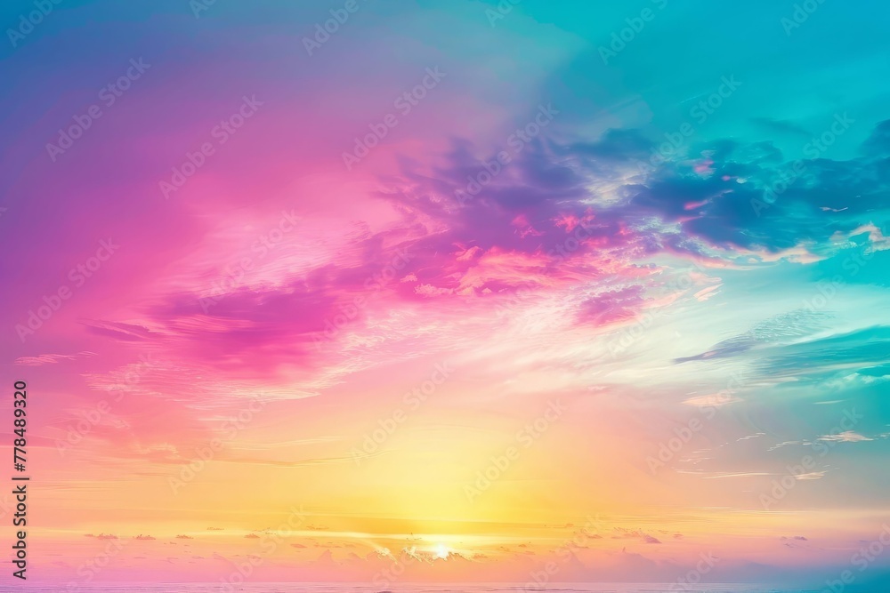 Ethereal Dreamy Summer Sunset Sky, Vibrant Colors Gradient Panorama, Nature Photography