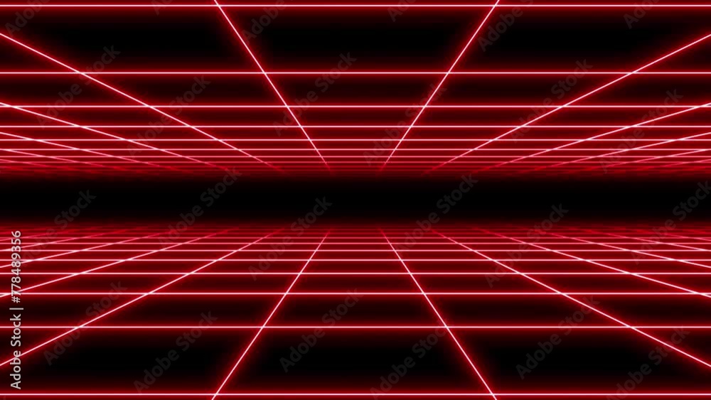 4K Double Parallax Retro Abstract VJ Motion Background Loop Inspired by 1980's: Infinite Flight Over Glowing Red Neon Square Grid, 3D Abstract 1980's Retrowave Cyberpunk Perspective Background 