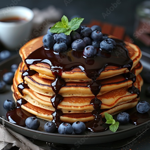 Delicious pancakes topped with chocolate sauce and blueberries