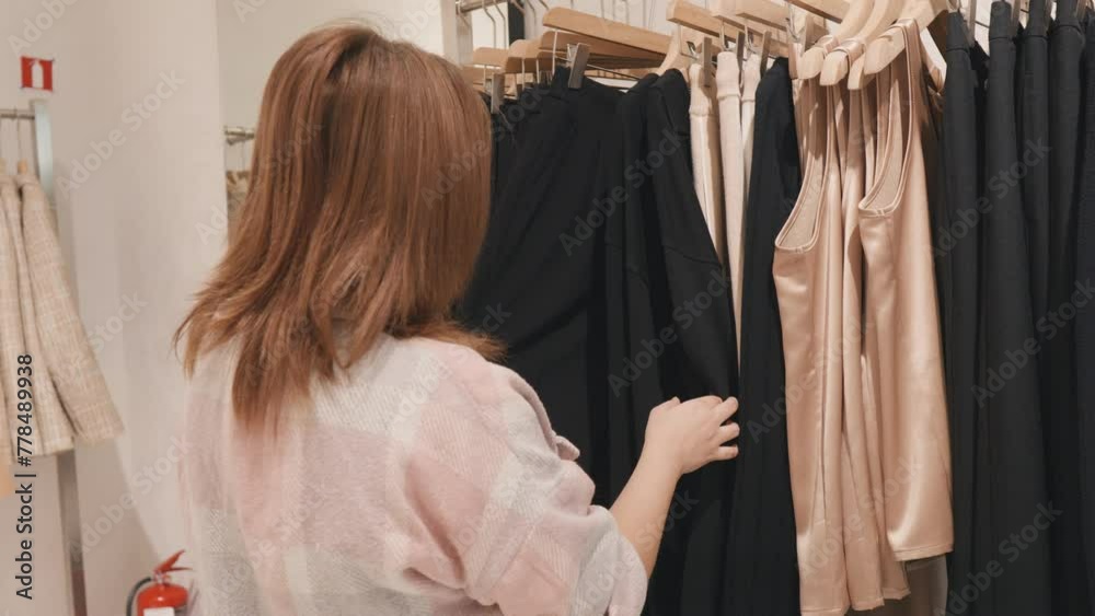 Girl choosing clothes in a clothing store shop. Shopping concept. Girl choosing clothes in a clothing store shop. Shopping concept.