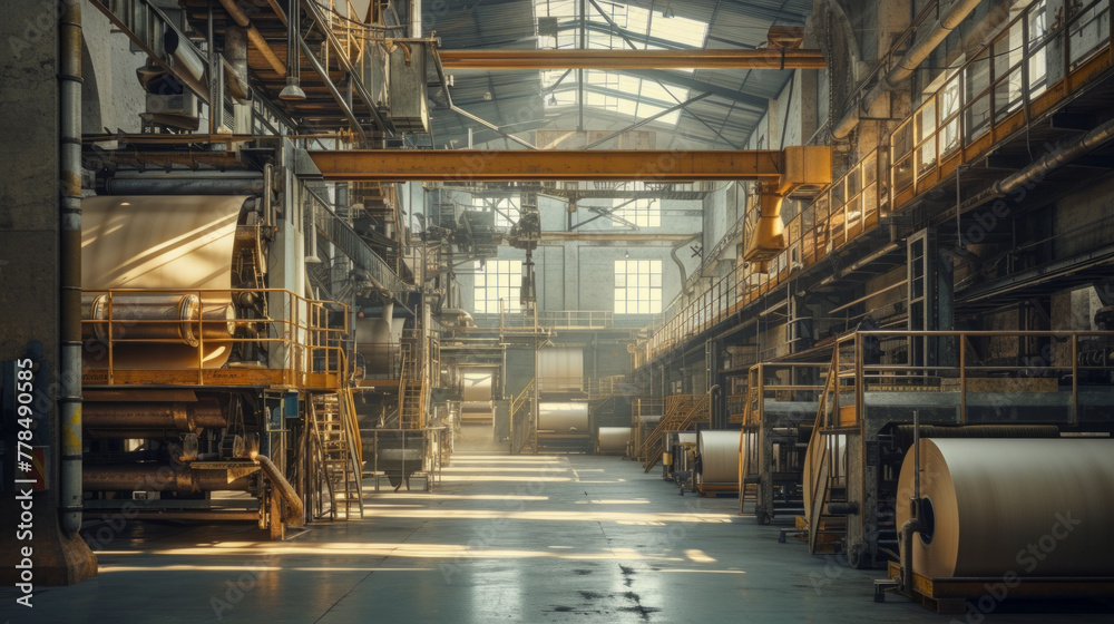 A paper mill with massive papermaking machines and drying racks, momentarily quiet but capable of producing tons of paper