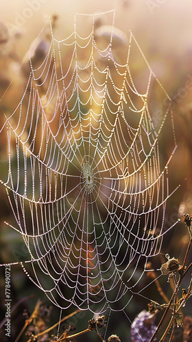 A detailed view of a spider's web, where the delicate curved line textures form a masterpiece of natural engineering, sparkling with dew in the early morning light. 32k, full ultra HD, high resolution