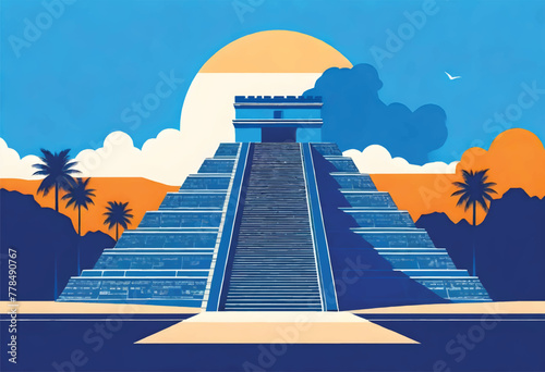 a vector illustration of a chichen itza, mexican ancient pyramid with staircase and palm trees