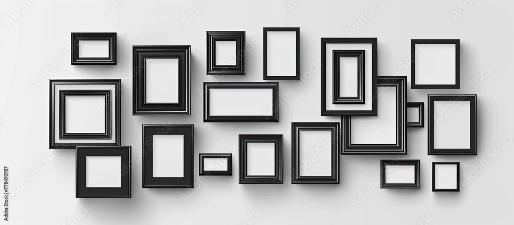 A collection of rectangular picture frames hang on the wall, creating a symmetrical pattern. The monochrome artworks add a touch of elegance to the rooms decor A collection of rectangular picture frames hang on the wall, creating a symmetrical pattern. The monochrome artworks add a touch of elegance to the rooms decor