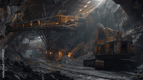 A mining operation with heavy machinery and conveyor systems, temporarily paused but ready to extract valuable minerals from the earth