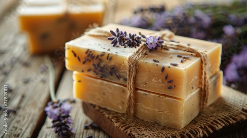 Handmade soap decorated with lavender flowers and jute rope