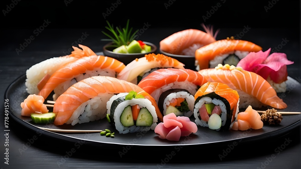 sushi assortment on a dish - menu featuring sea foods - isolated on a black backdrop for menu card design with salmon and fresh raw seafood sushi assortment on a dish - menu featuring sea foods - isolated on a black backdrop for menu card design with salmon and fresh raw seafood