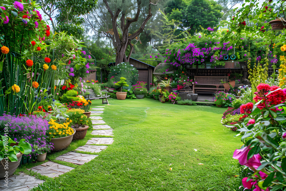 Exquisite Backyard Garden with Flourishing Flora, Rustic Seating Area, and Stone Tile Pathway