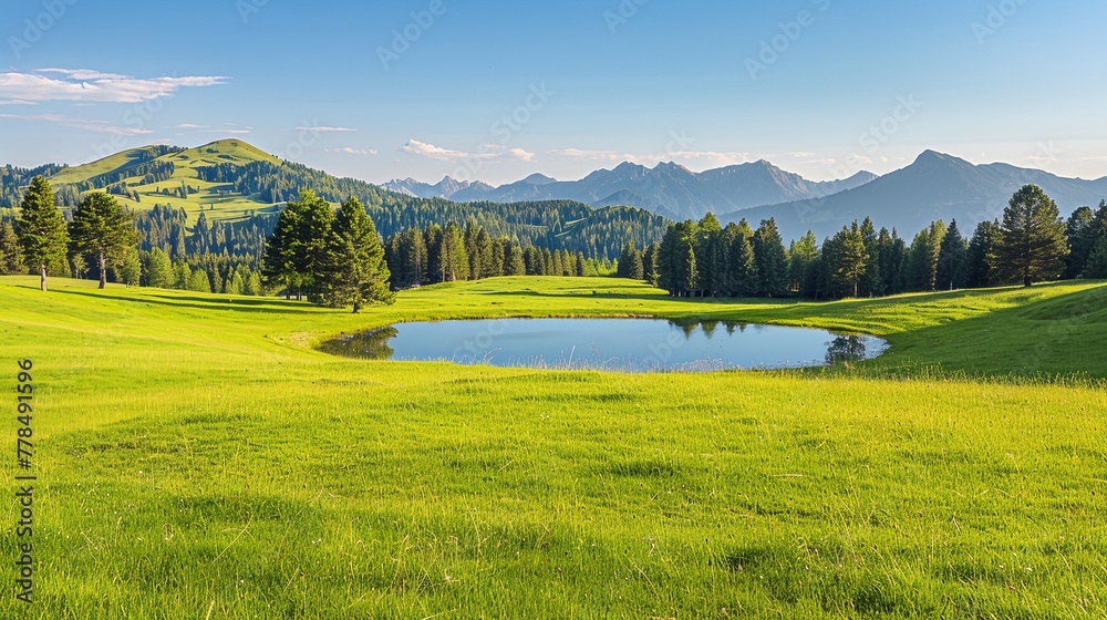 A small lake high in the mountains surrounded by green meadows. Natural background. Illustration for cover, card, postcard, interior design, banner, poster, brochure or presentation.
