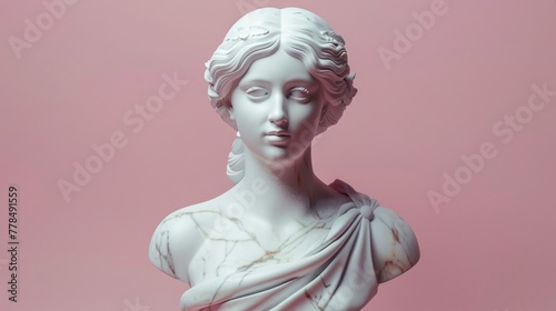 Female marble statue made of white marble, isolated pink background