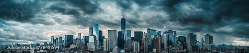 panoramic photo of an ominous city skyline, dark storm clouds overhead, skyscrapers towering over the urban landscape. AI generated illustration © Fatima