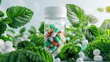 A bottle of pills is surrounded by green leaves. The pills are in different colors and sizes. Concept of health. Dietary supplements. Medical theme. Illustration for advertising.