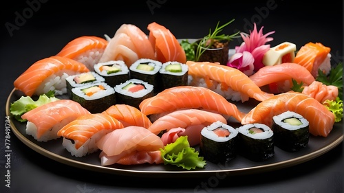 sushi assortment on a dish - menu featuring sea foods - isolated on a black backdrop for menu card design with salmon and fresh raw seafood