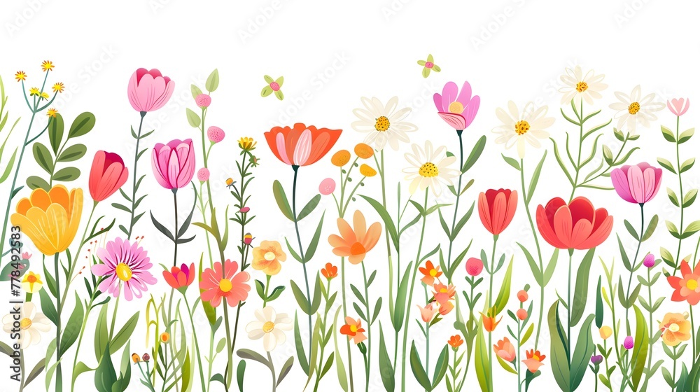Cute Hello Spring card or horizontal poster for spring holidays with wildflowers, daisies, and tulips pattern. Hand drawn Floral art template for Easter,, birthday or Mothers Day decor and greetings 