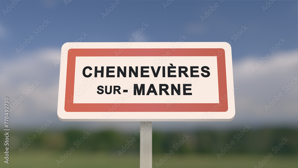 City sign of Chennevières-sur-Marne. Entrance of the town of Chennevières sur Marne in, Val-de-Marne, France. Panneau de Chennevières-sur-Marne. City sign of Chennevières-sur-Marne. Entrance of the town of Chennevières sur Marne in, Val-de-Marne, France. Panneau de Chennevières-sur-Marne.
